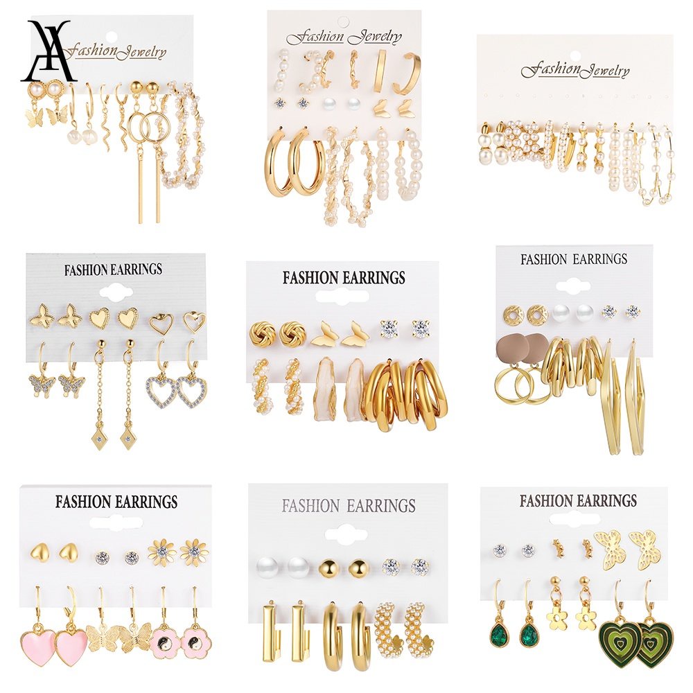 AY(CN) Set Anting Stud Desain Butterfly Heart Aksen Mutiara Gaya Retro Untuk Wanita