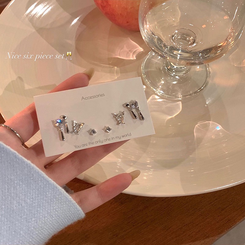 IFYOU 3pasang/set Anting Kupu-Kupu Cair Set Anting Stud Kristal Silver Hati Untuk Aksesoris Perhiasan Wanita