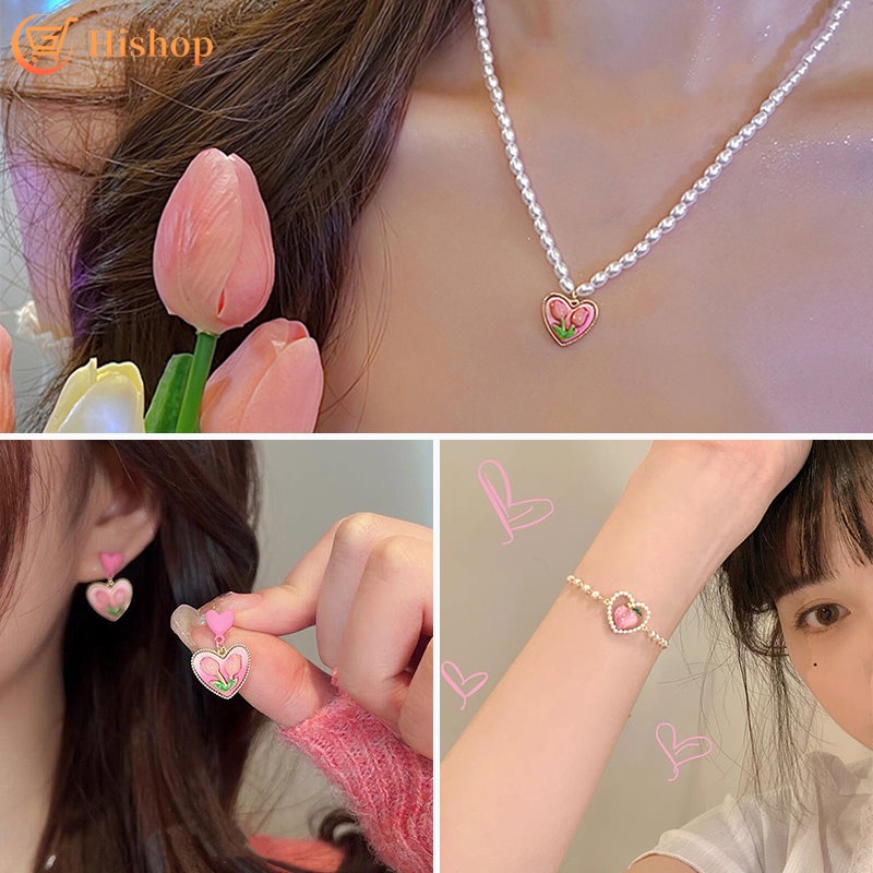 Kalung Rantai Liontin Bunga Tulip Warna Pink Untuk Wanita