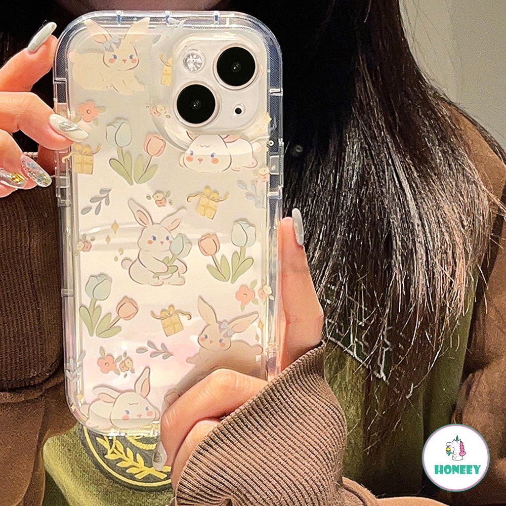 Cute Floral Flowers Rabbit Tebal Casing Ponsel Untuk iPhone 14 Pro 13 12 11 Pro Cover Silikon Lembut Indah Bumper Ponsel Bening Penutup Belakang