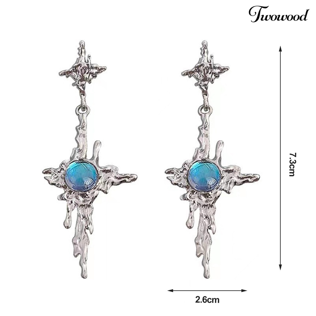 Twowood 1pasang Drop Earrings Tidak Teratur Logam Cair Panjang Rumbai Hip Hop Kilau Terang Hias Hadiah Wanita Salib Faux Moonstone Pendant Stud Earrings Perhiasan Aksesori Fashion