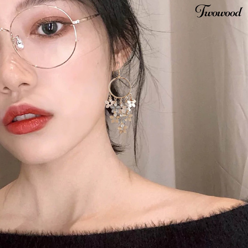 Twowood 1pasang Menjuntai Anting Bunga Dreamcatcher Desain High Gloss Cubic Zirconia Glitter Berdandan Temperamen Bohemian Rumbai Drop Earrings Perhiasan Aksesori