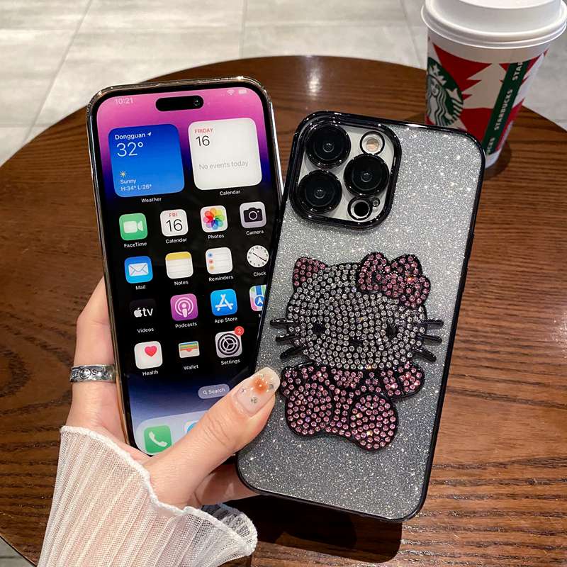 For iPhone 11 12 13 14 Pro Max Bling Bling Sparkly Diamond Hello Kitty Rhinestone Case Luxury Soft Silicone Gradient Women‘s Fashion