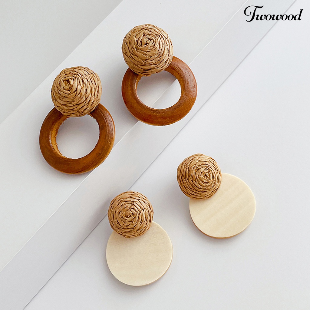 Twowood 1pasang Ear Studs Retro Rustic Gaya Simple Kasual Artistik Kayu Cincin Berongga Raffia Straw Splicing Wanita Anting Untuk Pacaran