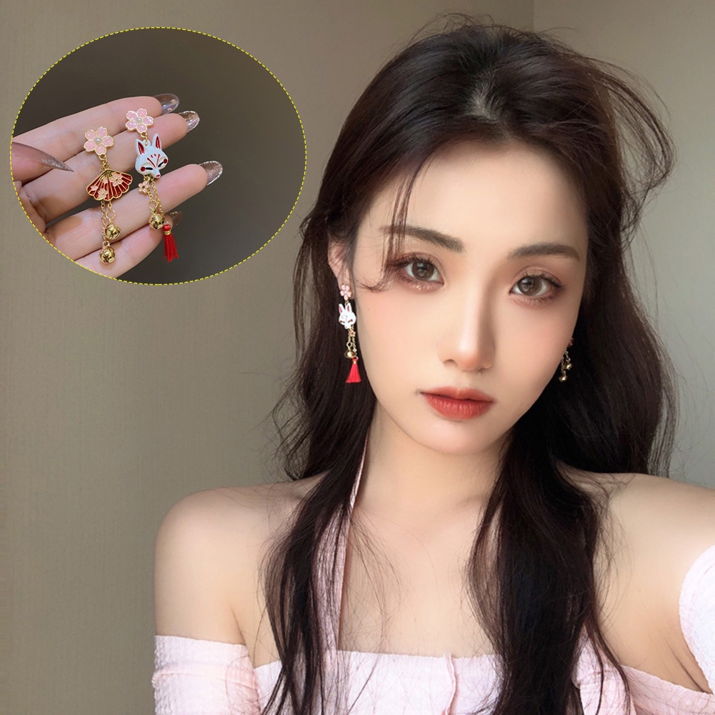 Lucky Bell Vintage Rubah Lucu Kartun Anting Asimetris Baru Temperamen Tren Anting Hewan Fashion Berbentuk Kipas Anting Paduan