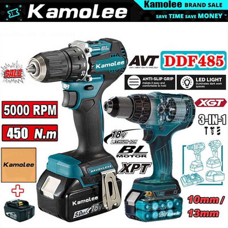 [300 ribuan cuci gudang] [COD + Spot ]Kamolee DDF485 Bor Listrik Torsi Maksimum 450N.m Brushless Isi
