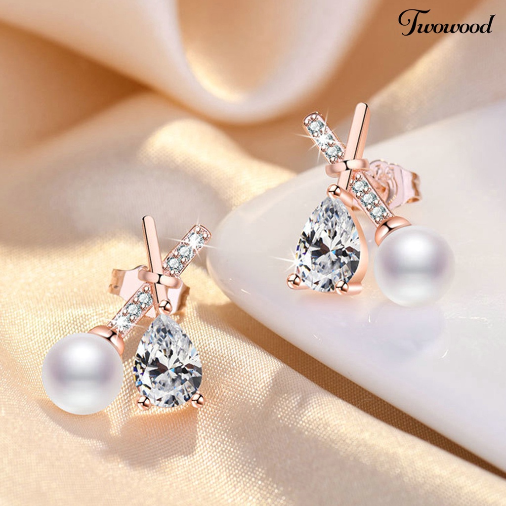 Twowood 1pasang Ear Studs X Shaped Shining Gaya Perancis Berlian Imitasi Hias High Gloss Dekorasi Tidak Teratur Imitasi Zirkon Mutiara Wanita Anting Untuk Pesta