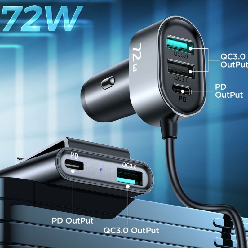 Adaptor Cas Mobil zzz DC12-24V Untuk Ponsel Tablet- 72W PD QC3 0 5Port Power Outlet