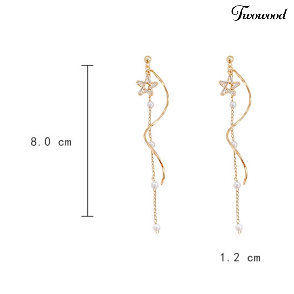 Twowood 1pasang Women Drop Earrings Shiny Star Mutiara Imitasi Panjang Rumbai Liontin Gaun Elegan Paduan Perhiasan Pesta Pernikahan Women Earrings Jewelry Hadiah Pakaian Pesta