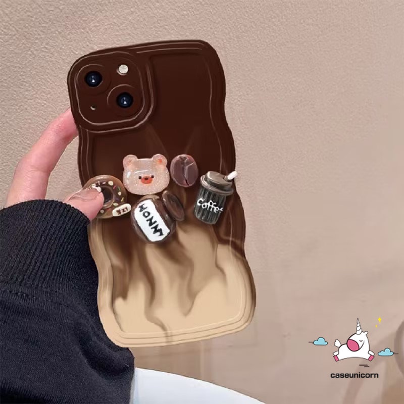 IPHONE Kompatibel Untuk Iphone11Xr 13 12 14 Pro Max 6s 6 7 8 Plus X XS Max14 Plus SE 2020 Mainan Kartun 3D Lucu Beruang Kopi Donat Coklat Gradien Tepi Bergelombang Lembut TPU Case Cover