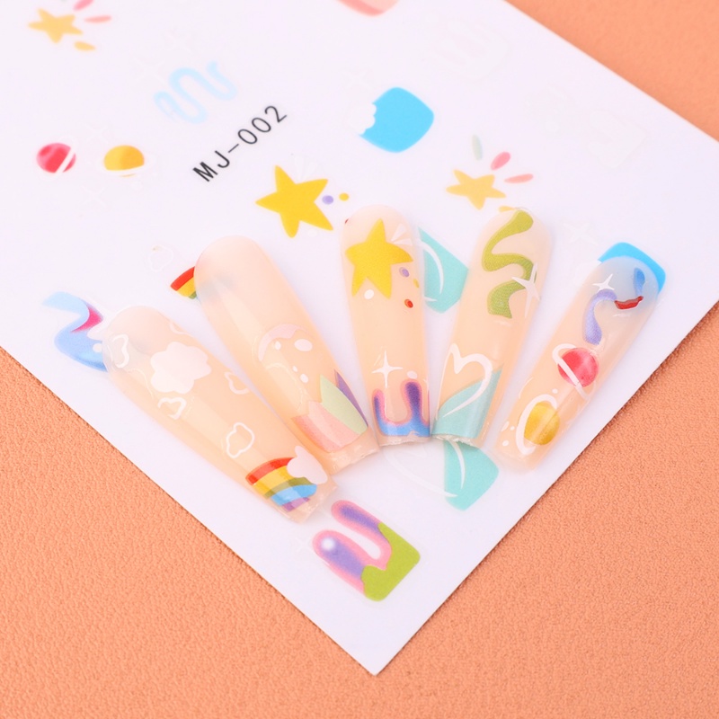 1pc Stiker Kuku Bintang 3D Lucu Pink Biru Cinta Hati Pelangi Planet Awan Manicure Tips Self-Adhesive Slider Nail Art Dekorasi