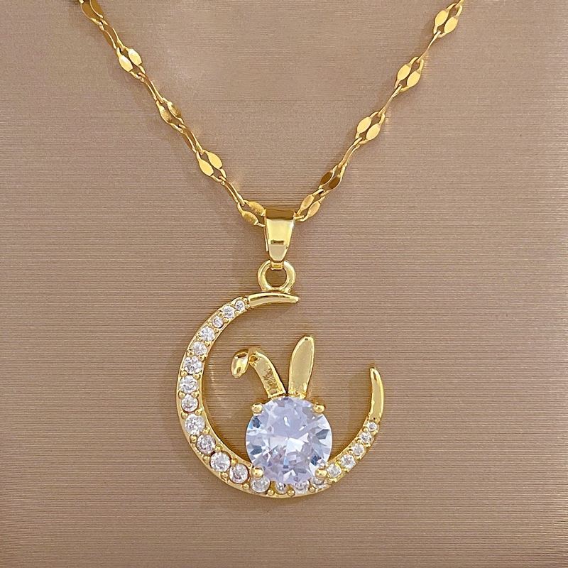 Kalung Titanium Asli Wanita Anti Karat Emas 18K Moon Rabbit Aksesoris