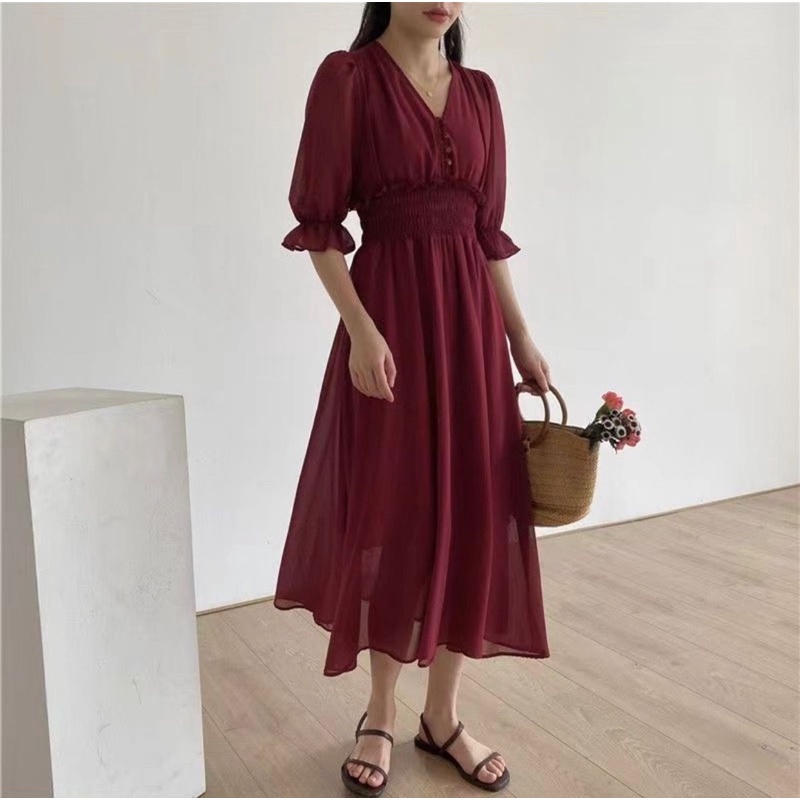 ilook | Miso Dress Korean Vintage Casual Midi Dinner Pastel Stretch Simple Basic polos Cantik Korea Style Look Chic