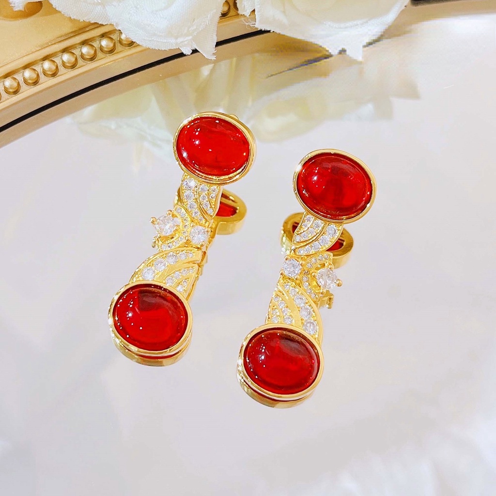 Goldkingdom Aksesoris Perhiasan Fashion Ready Stock Cahaya Mewah Dalam Gaya Kuno Dari Kaca Full Bor Cahaya Mewah Anting Kelopak Berbentuk Telur