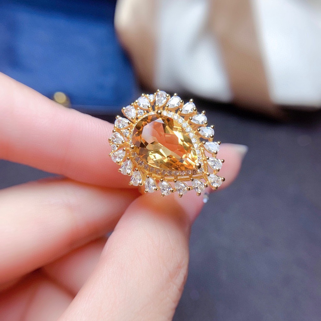 Goldkingdom Fashion Perhiasan Aksesoris Ready Stock Elegan Butik Mewah Natural Topaz Cincin Fashion Wanita Beruntung Berlian Kuning Berlapis Cincin Harta Karun Warna-Warni