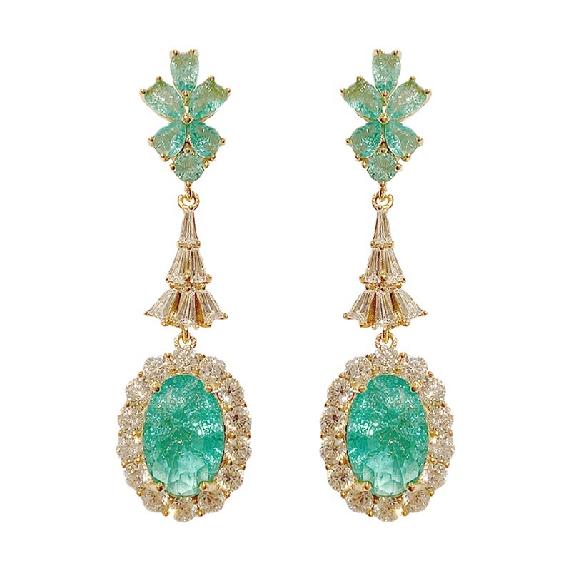 Goldkingdom Fashion Perhiasan Aksesoris Ready Stock Mewah Pastel Anting Ocean Green Broken Drill Earrings Retro Emerald Water Drop Pear Shaped Earrings Panjang Perempuan