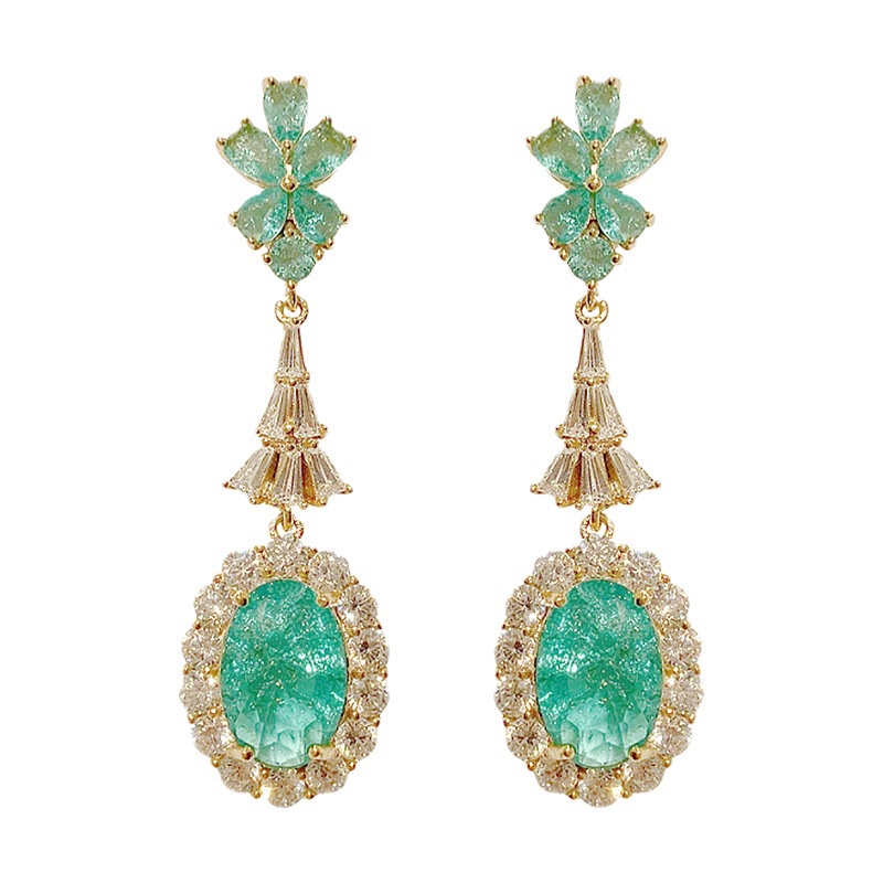 Goldkingdom Fashion Perhiasan Aksesoris Ready Stock Mewah Pastel Anting Ocean Green Broken Drill Earrings Retro Emerald Water Drop Pear Shaped Earrings Panjang Perempuan