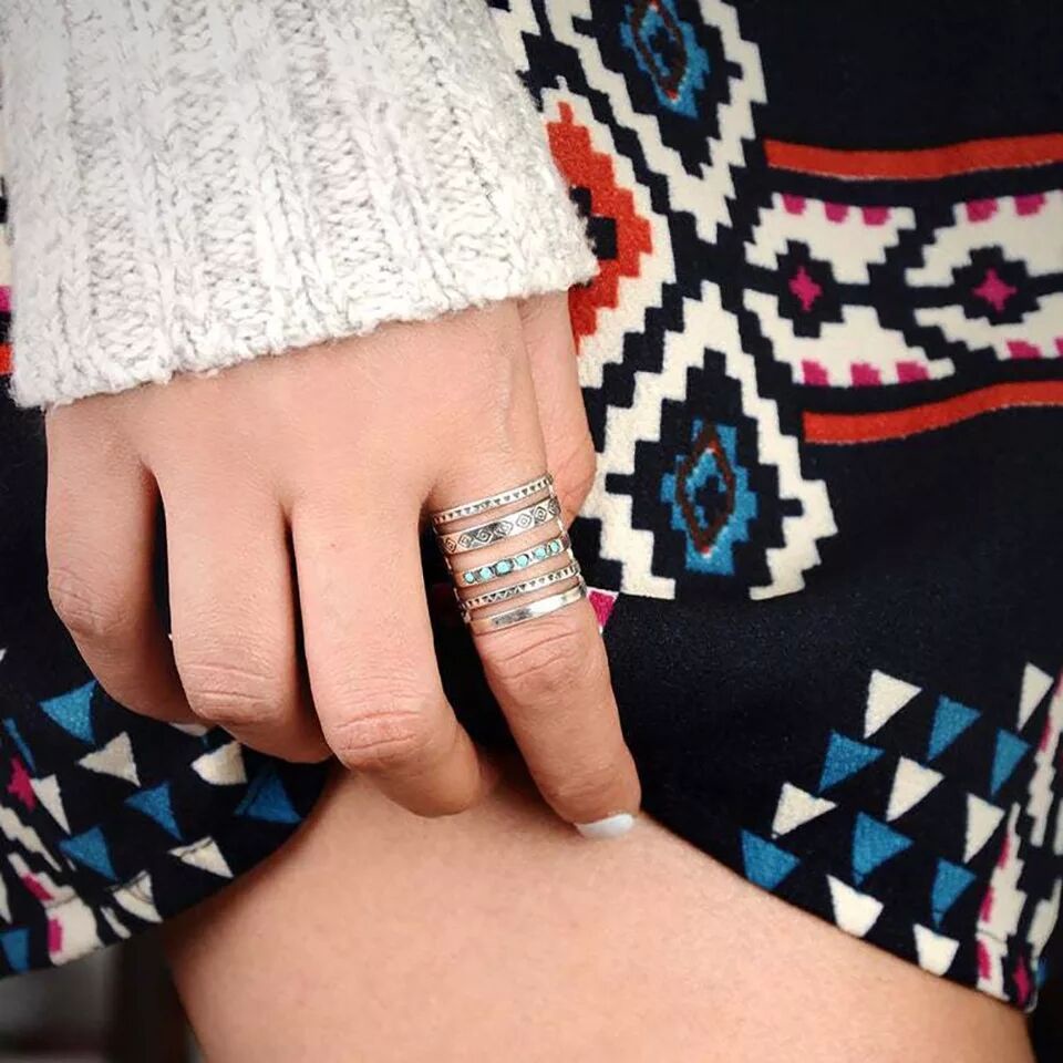 Cincin Bersama Jari Geometris Ukir Antik Modis Aksesoris Pesta Wanita Gaya Bohemian Kerawang Vintage Turquoise Ring