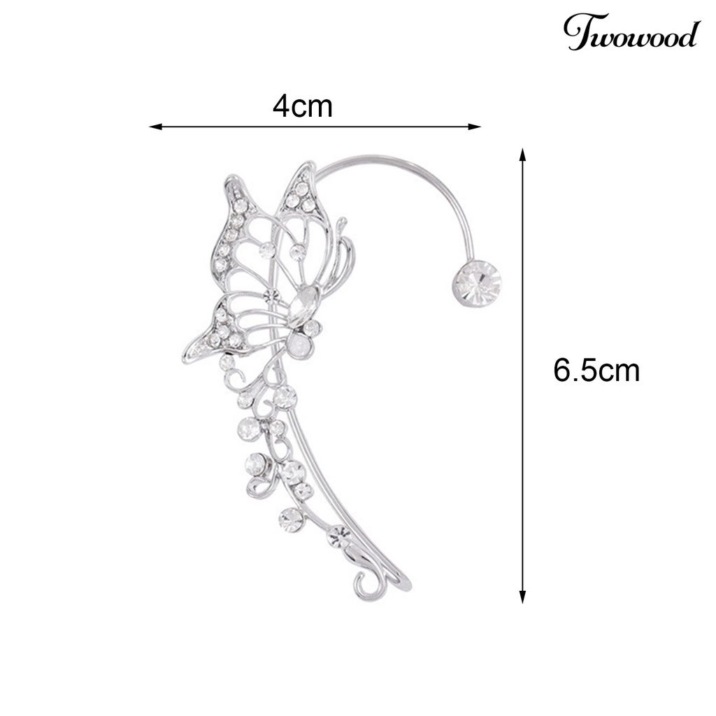 Twowood Manset Telinga Gaya Korea Berongga Keluar Berkilau Tanpa Tindik Temperamen Kupu-Kupu Elf Hias Berlian Imitasi Telinga Tulang Klip Perhiasan Aksesori