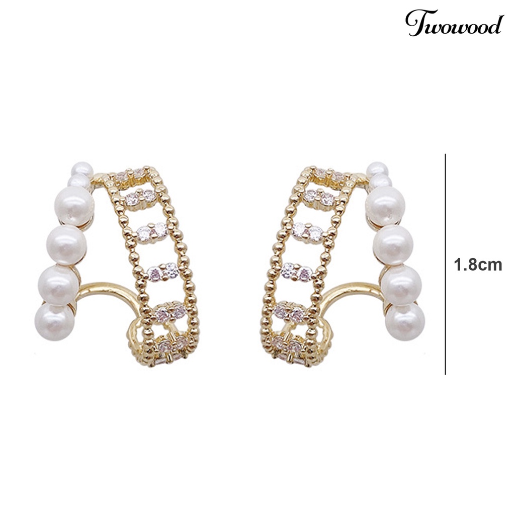 Twowood 1pasang Anting Pejantan Hias Mutiara Imitasi Gaya Vintage Perancis Pengerjaan Halus Berdandan Elegan Cubic Zirconia Split Hoop Earrings Perhiasan Aksesori