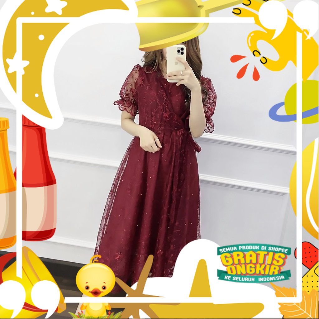 MIDI DRESS NATAL LIVINA | REKOMENDASI OUTFIT BAJU PESTA KONDANGAN WANITA GAYA KOREA BROKAT TILE IMPO