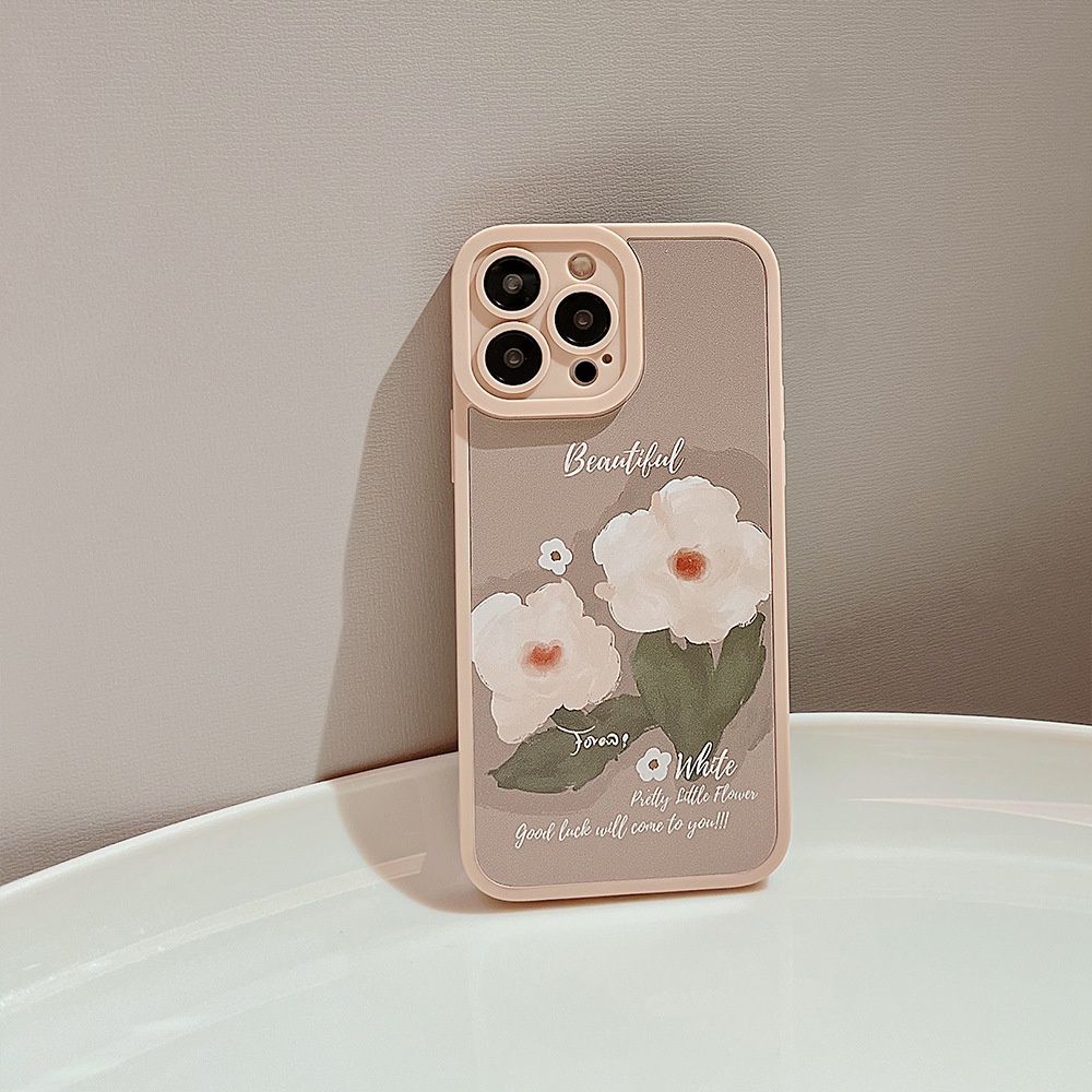 IPHONE [Mata Kucing] Soft Case TPU Anti Slip Untuk Iphone7Plus8 Plus X XS XR XS Max11 13 12 14 PRO Max14 Plus ins Fashion Abu-Abu Lukisan Minyak Bunga Wanita