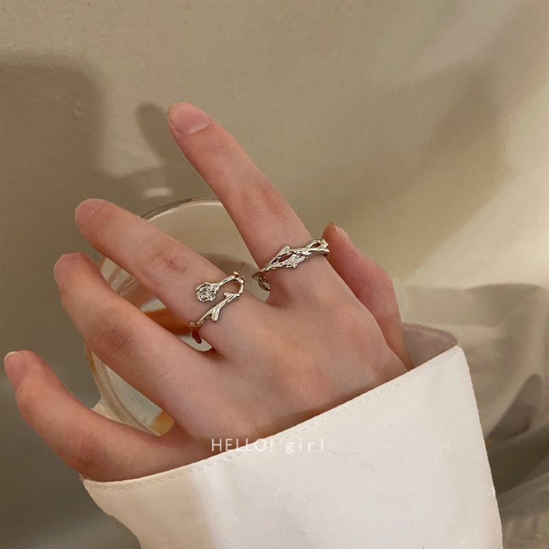 We Flower Chic Perak Duri Rose Susun Cincin Untuk Wanita Pria Aesthetic Berduri Mawar Pasangan Set Cincin Pecinta Mekar Cabang Jari Manset Perhiasan Aksesoris