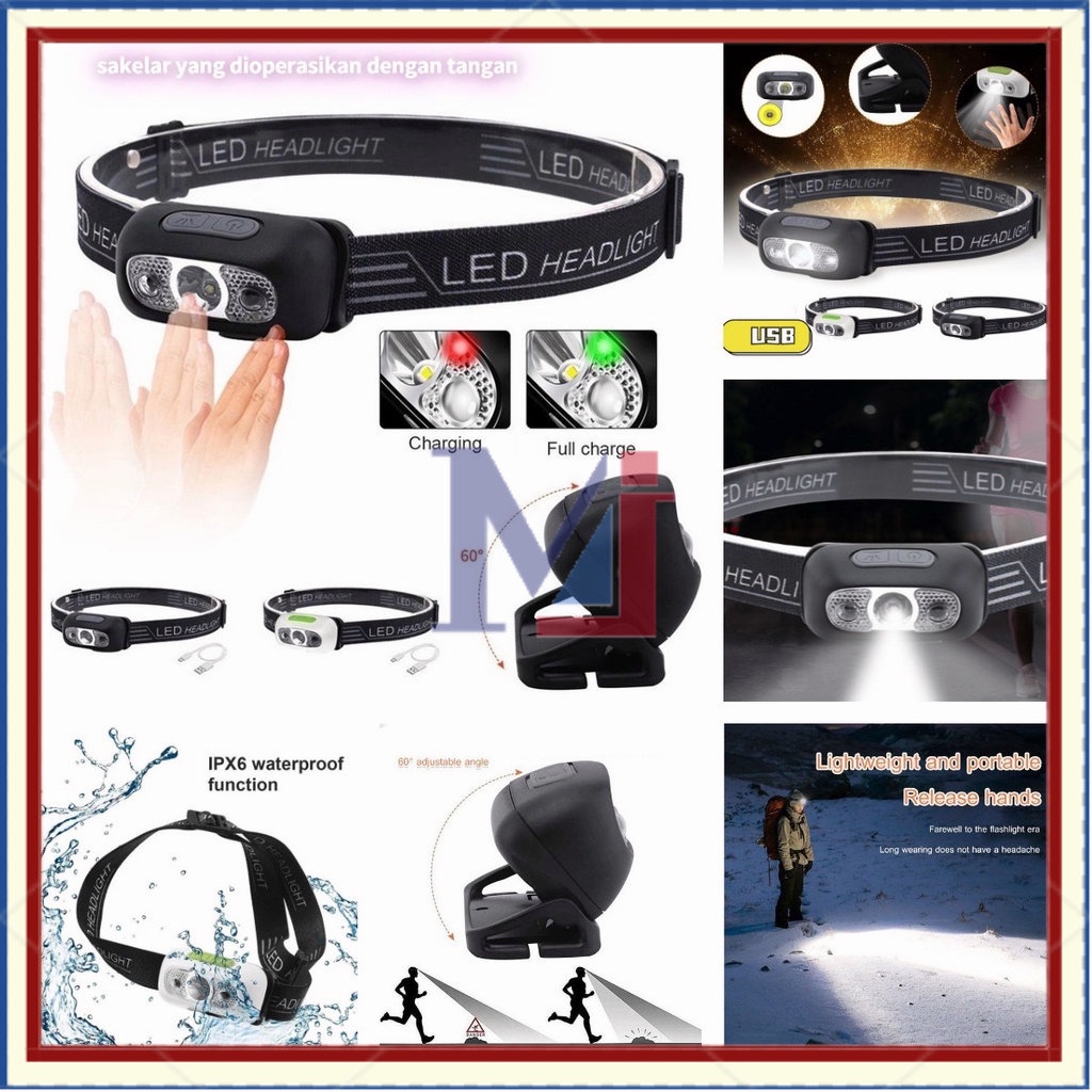 【COD】Lampu Senter Kepala Headlight USB Rechargeable Headlight Outdoor LED/Headlamp Charger Waterproof