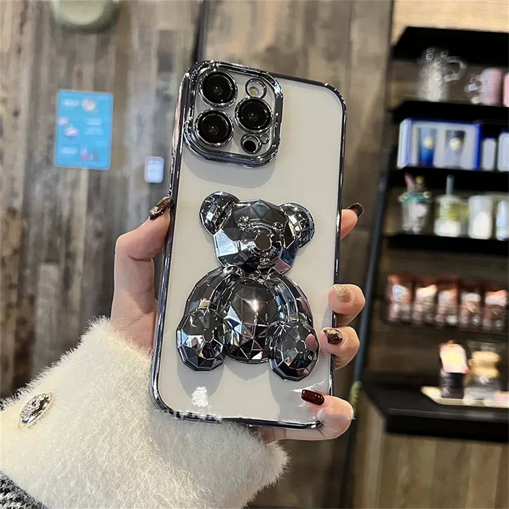Luxury Metal 3D Cub Case iPhone 14 Pro Max Case iPhone 13 12 Pro Max Case14 Plus Promax Pelindung Kamera Lensa Case Iphone14 Transparan Shockproof TPU Penutup Belakang
