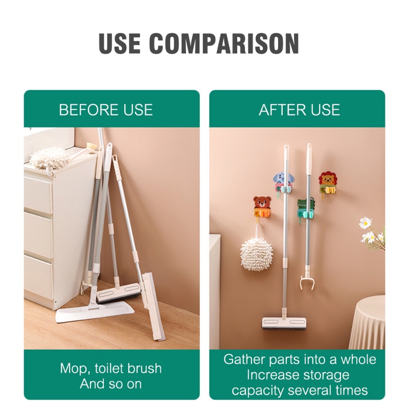 Multifungsi Mop Holder Dengan Kait Tanpa Pukulan Mulus Pel Rak Dinding Tempel Kartun Hewan Lucu Plastik Penyimpanan Pel Klip Kamar Mandi Organizer Aksesoris