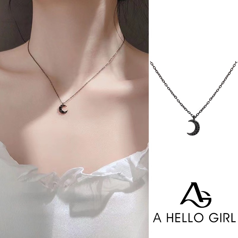 Kalung Desain Bulan Warna Hitam Aksen Berlian Gaya Korea Untuk Wanita