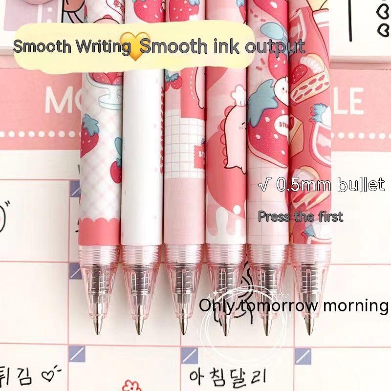 Kartun Strawberry Dinosaurus Press Pen/Kawaii 0.5mm Tinta Hitam Gel Pulpen/Alat Tulis Kantor Sekolah Pena Netral Persediaan