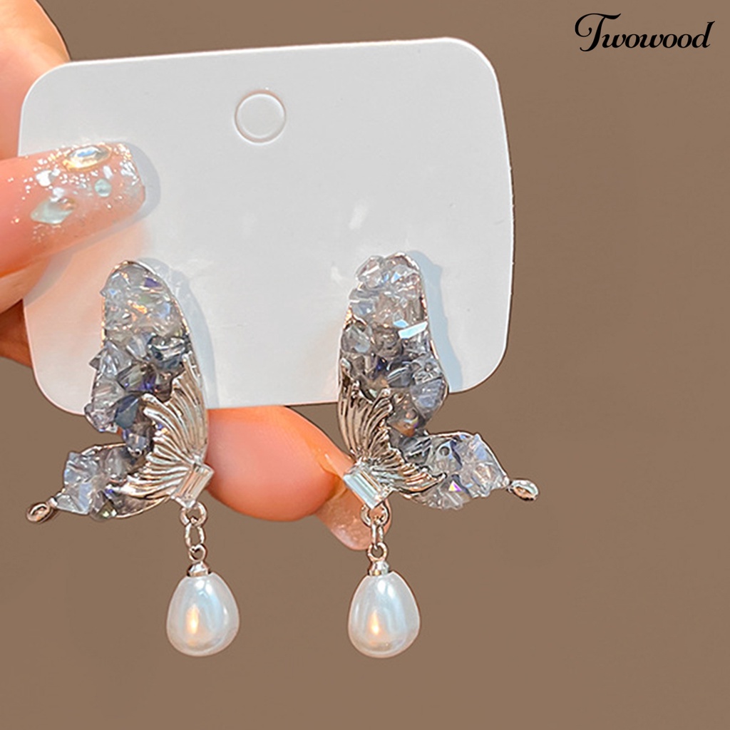 Twowood 1pasang Anting Pejantan Mewah Pola Geometris Electroplating Pendant High Gloss Dekorasi Kilau Terang Fashion Shiny Butterfly Rhinestone Menjuntai Earrings Untuk Tanggal