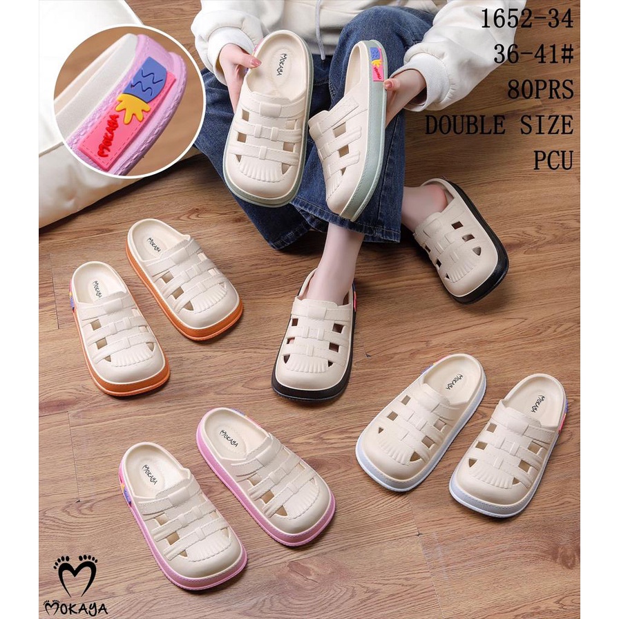 Sepatu Slop Jelly Bakpao Wanita Motif Garis 3 Super Simple Elegant Trendy Import Mokaya / Size 36-41 (1652-34)