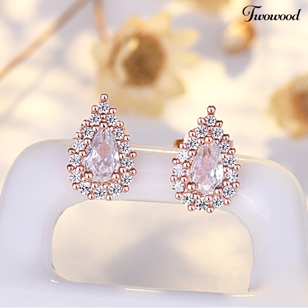 Twowood 1pasang Ear Studs Vintage Temperamen Shiny Cubic Zirconia Hias Electroplating Dress Up Hadiah Wanita Gadis Tetesan Air Stud Earrings Perhiasan Aksesoris