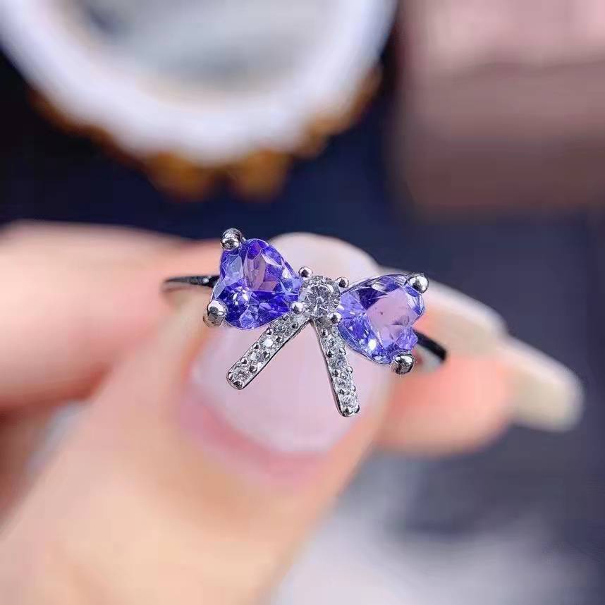 Goldkingdom Fashion Perhiasan Aksesoris Ready Stock Niche Desain Cincin Tanzanite Alami Trendi Busur Halus Ins-Gaya Terbuka Berwarna Harta Cincin