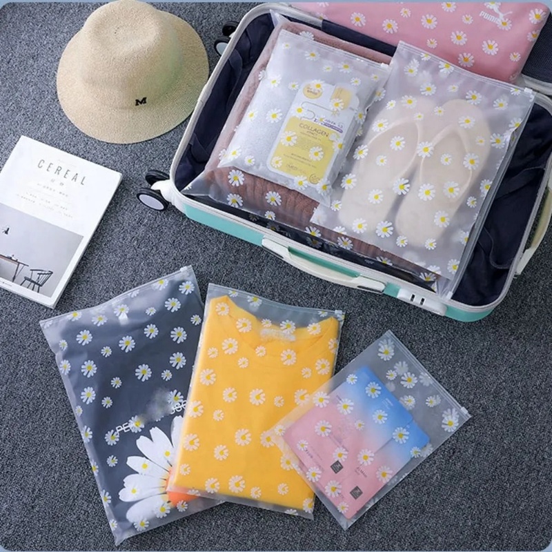 S/m/l 3ukuran Frosted Transparan Motif Daisy Self Sealing Bag/Kantong Penyimpanan Pakaian Tahan Debu Tahan Air/Travel Portable T-shirt Underwear Pocket