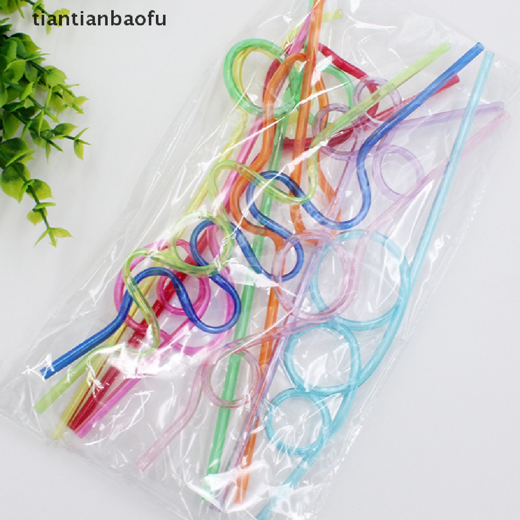[tiantianbaofu] 10pcs Sedotan Melengkung Warna-Warni Sedotan Berbentuk Hewan Peliharaan Crazy Curly Plastik Untuk Pesta Bar Butik