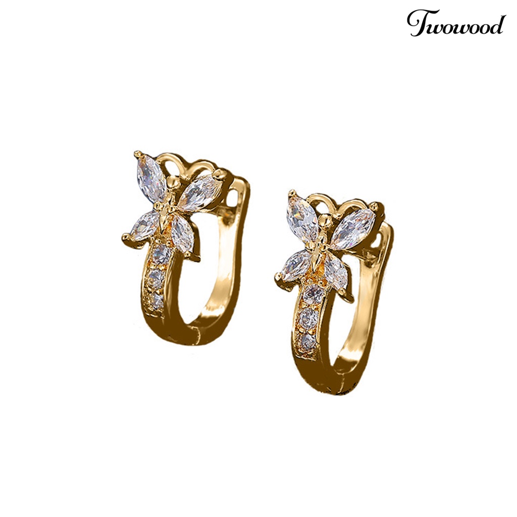 Twowood 1pasang Anting Hoop Vintage Pendek Gaya Pastoral Shiny Cubic Zirconia Hias Hadiah Valentine Wanita Butterfly Shaped Menjuntai Earrings Perhiasan Gadis