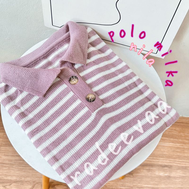 POLO KERAH MILKA STRIPE KNIT SWEATER ATASAN OVERSIZE RAJUT WANITA MOTIF GARIS