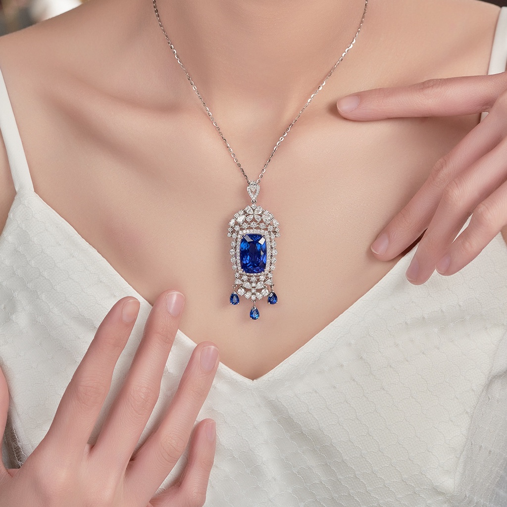 Goldkingdom Fashion Perhiasan Aksesoris Ready Stock Perhiasan Makan Malam Safir Kalung 20karat Berlian Biru Alami Liontin Perempuan