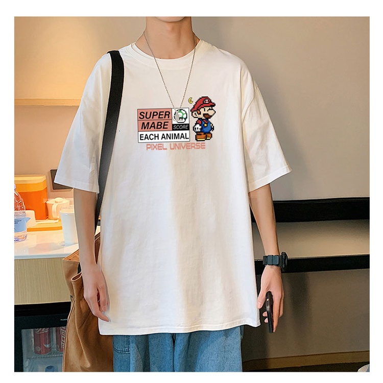 CARTOON PRINTING 3/4 OVERSIXZED T-SHIRT MEN'S SUMMER TREND THIN LOOSE HALF-SLEEVED TOP KOREAN STYLE RETRO BOTTOM SHIRT