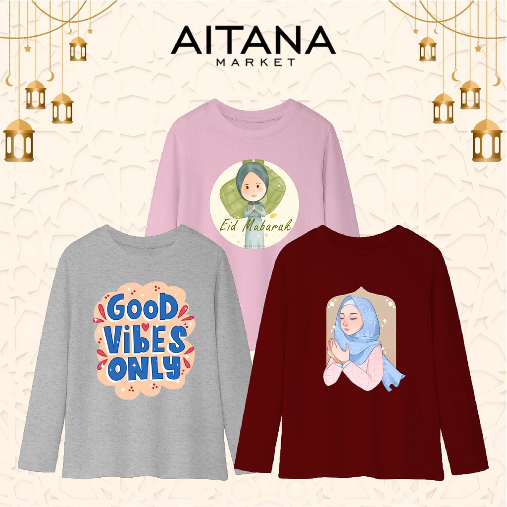 Baju Kaos Muslim Lengan Panjang Edisi Eid Mubarakah Ready Bayi sampai Dewasa Bahan Katun Combed 30s