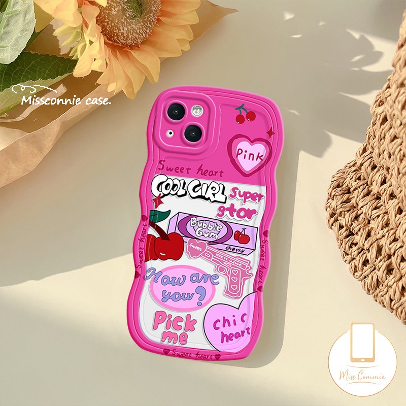 IPHONE Casing Tepi Bergelombang Kompatibel Untuk Iphone11 14 13 12 Pro Max X7 8 14 6s 6 Plus XR XS Max SE 2020 Label Fashion Cinta Hati Cherry Tpu Soft Phone Cover