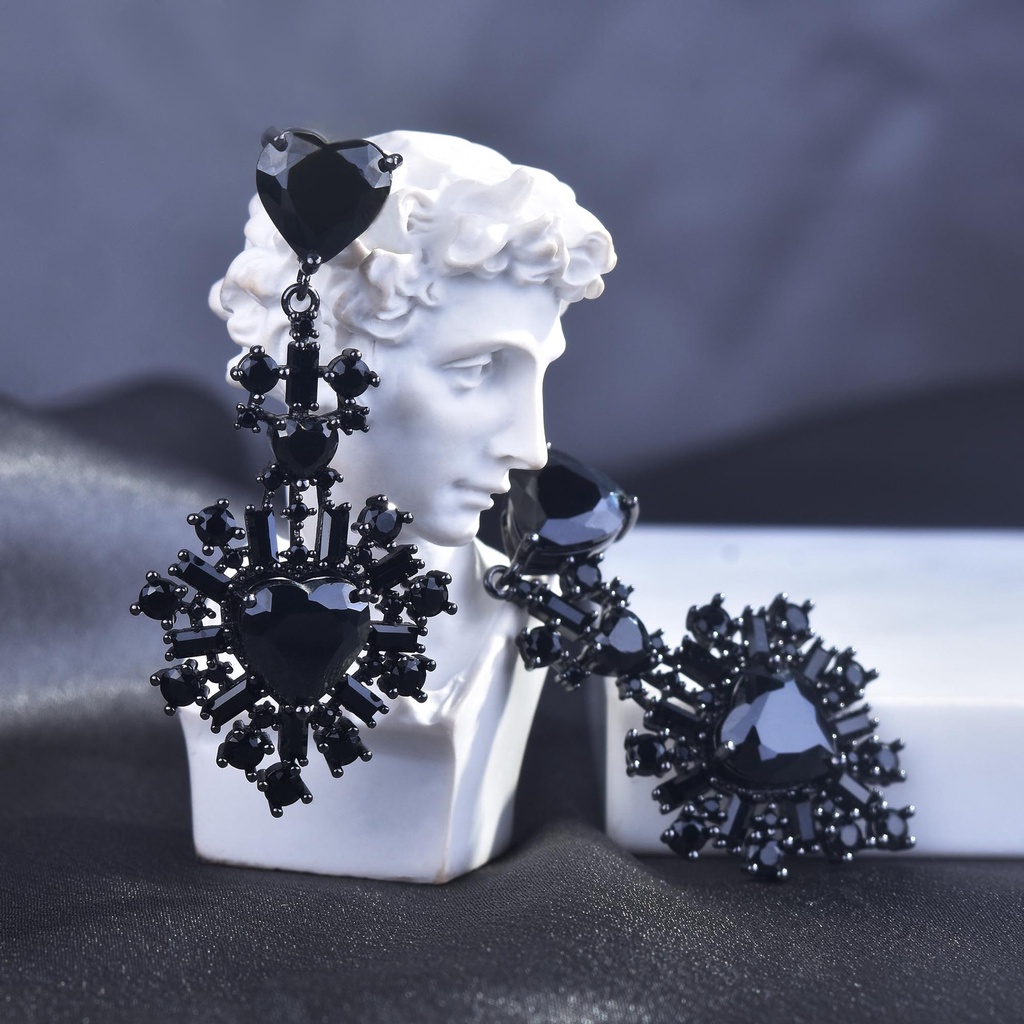 Goldkingdom Aksesoris Perhiasan Fashion Ready Stock Anting Hati Hitam Emas Black Zircon Gemstones Diamonds Maiden Love Stud Earrings