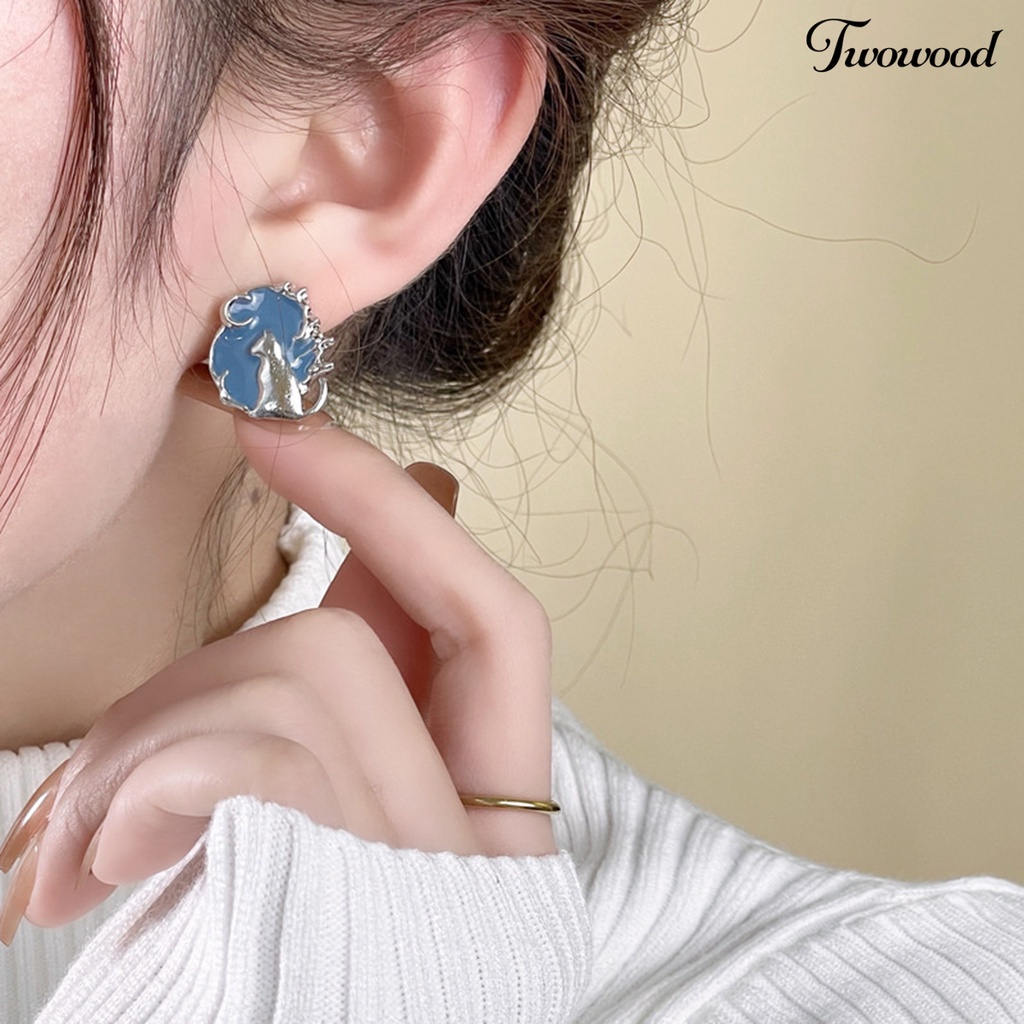 Twowood 1pasang Ear Studs Temperamen Elegan Tidak Teratur Fancy Hypoallergenic Biru Menjatuhkan Minyak Kucing Wanita Anting Perhiasan Fashion