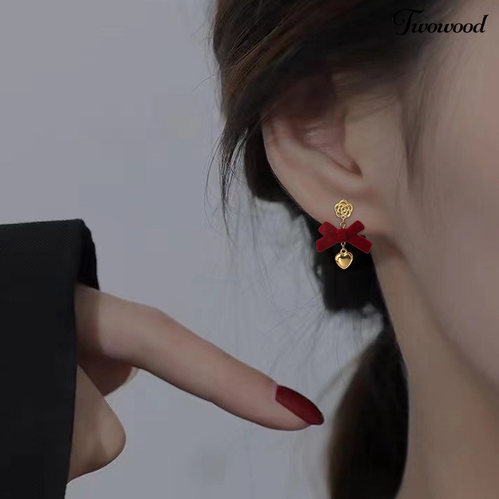 Twowood 1pasang Anting Wanita All-match Anti Luntur Hiasan Telinga Meriah Sentuh Busur Merah Menjuntai Bunga Hati Anting Untuk Dipakai Sehari-Hari