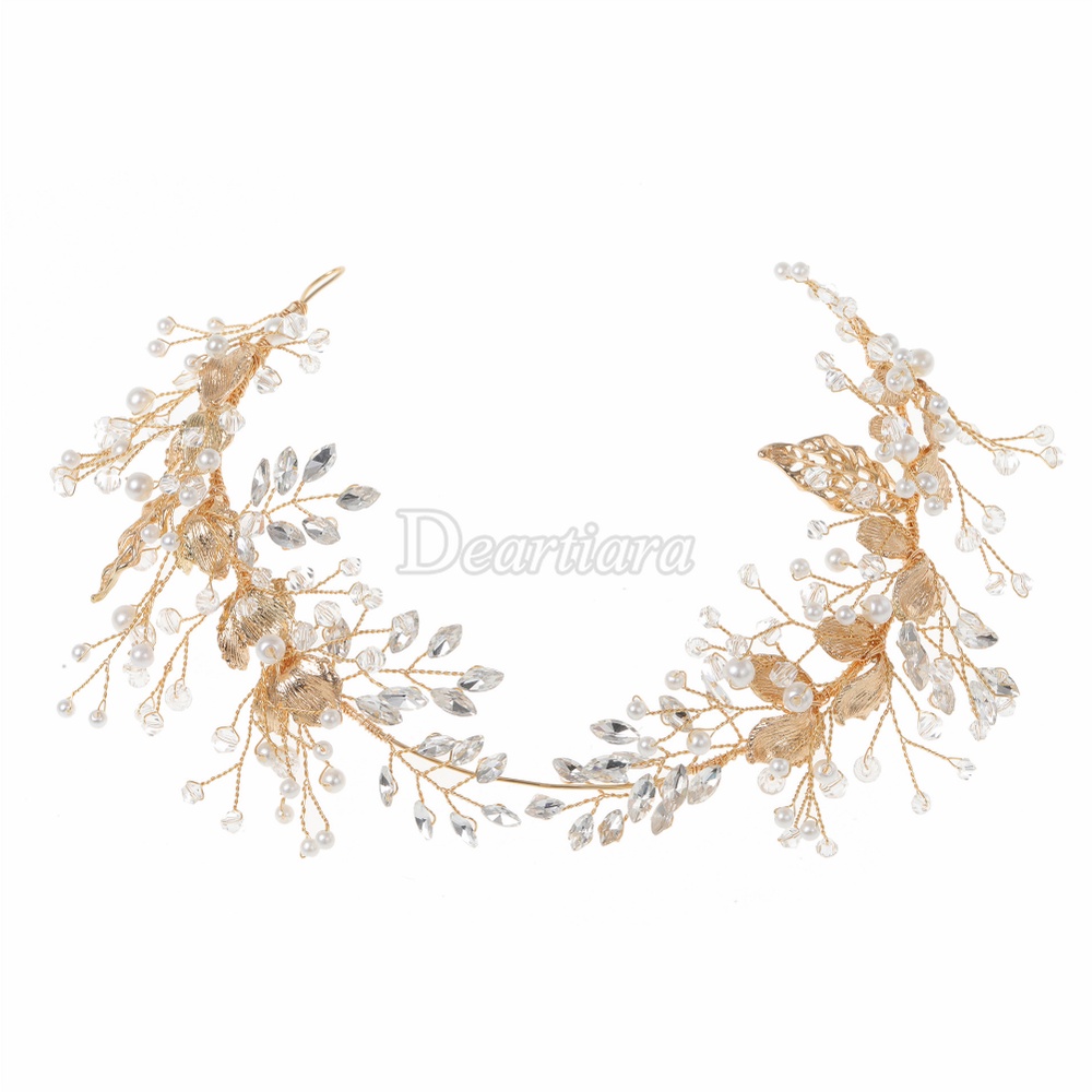 Hiasan Kepala Pengantin Bahan Alloy Emas Bentuk Daun Handmade Pearl Hair Band