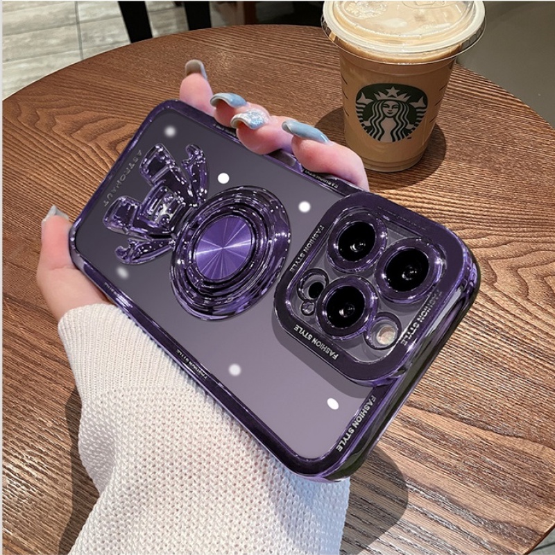 IPHONE Plating Astronot Bracket Stand Ring Holder Phone Case Untuk Iphone14 13 11 12 Pro Max XS X XR 7 8 Plus Cover Transparan