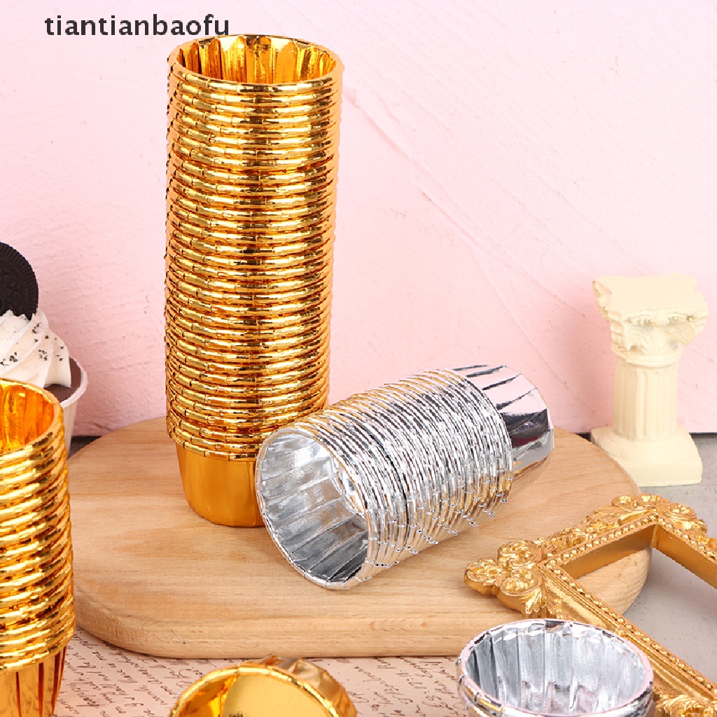 [tiantianbaofu] 50pcs mini Cupcake Foil Cupcake Wrapper Kertas Emas Perak Cupcake Baking Cups Butik